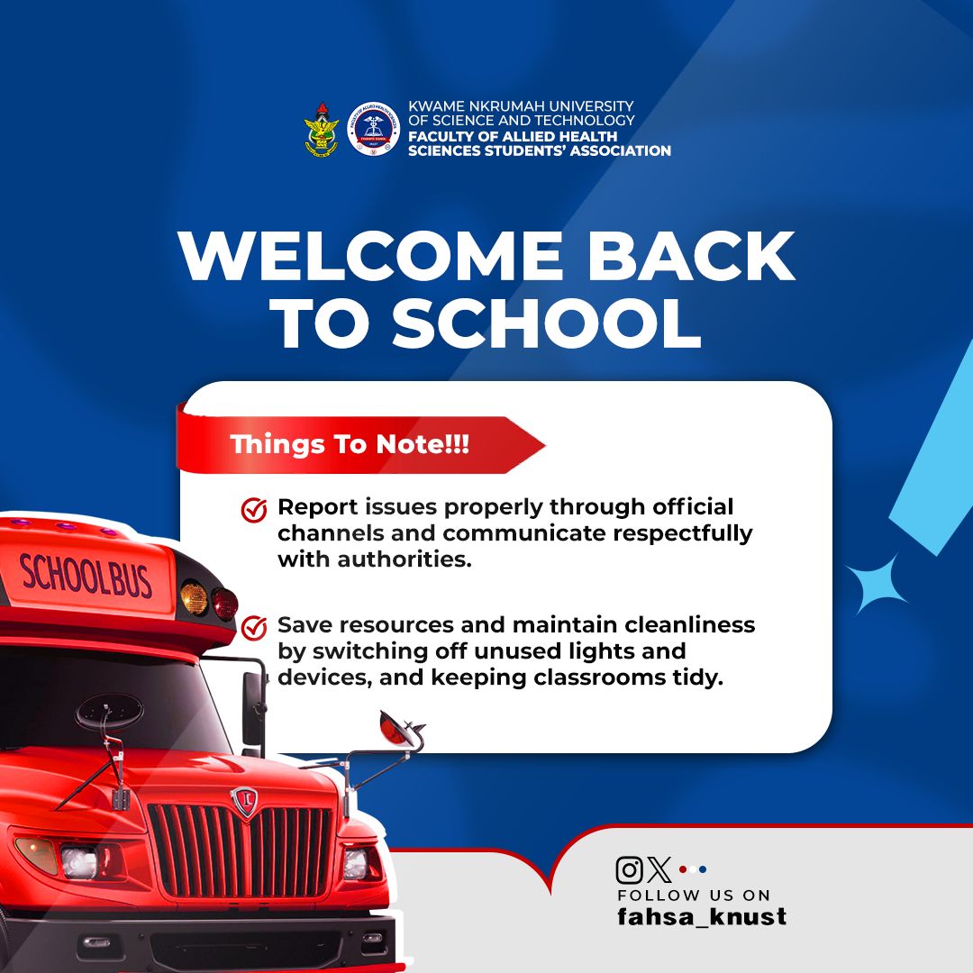 fahsa_knust's tweet photo. 🔵⚪️🔵⚪️🔵⚪️🔵⚪️🔵⚪️🔵
WELCOME BACK TO SCHOOL
Welcome back to school, FAHS family!
Let’s make this semester purposeful, passionate, and productive.
➖➖➖➖➖➖➖➖
✍️Signed;
FAHS EXECUTIVE COUNCIL
#FAHS #WelcomeBack #AlliedHealth https://t.co/meZwrLum6r