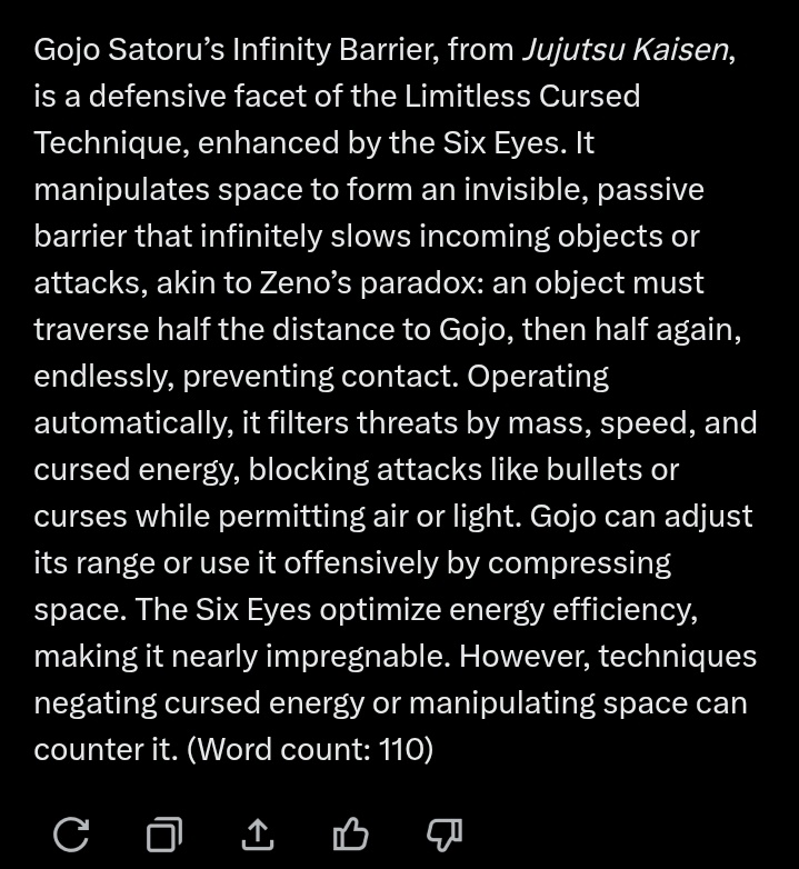 Valor53555939's tweet image. #writingq
#WritingCommunity
#superpowers
Alright doing a new one. For those with fantasy or sci Fi worlds. What are some of the best defensive abilities that are on par or better than Gojo Satoru Infinity Barrier?