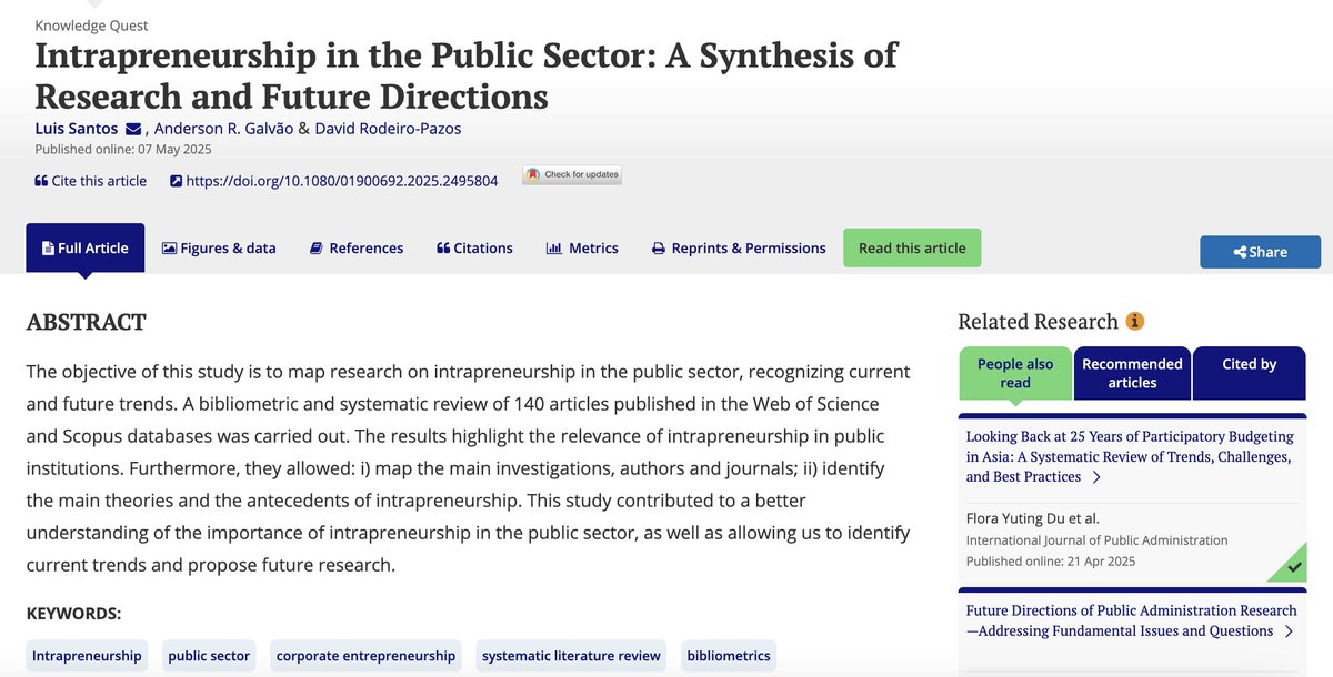 IJPA (@ijpa2022) on Twitter photo 🚀 New Article!
Intrapreneurship in the Public Sector: A Synthesis of Research and Future Directions
✍️ By Luis Santos, Anderson R. Galvão & David Rodeiro-Pazos
📚 Explore the full article 👉 tandfonline.com/journals/lpad20
<a href="/GangChenSUNY/">Gang Chen</a> <a href="/MehmetdNUS/">Mehmet Akif Demircioglu</a> <a href="/danielphawes/">Daniel Hawes</a>
<a href="/jiaqiliangpa/">Jiaqi Liang</a> 🚀 New Article!
Intrapreneurship in the Public Sector: A Synthesis of Research and Future Directions
✍️ By Luis Santos, Anderson R. Galvão & David Rodeiro-Pazos
📚 Explore the full article 👉 tandfonline.com/journals/lpad20
<a href="/GangChenSUNY/">Gang Chen</a> <a href="/MehmetdNUS/">Mehmet Akif Demircioglu</a> <a href="/danielphawes/">Daniel Hawes</a>
<a href="/jiaqiliangpa/">Jiaqi Liang</a>