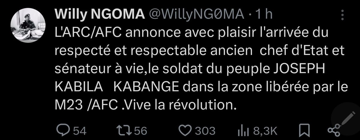 RDC_NewsFlash's tweet photo. #RDC|#FLASH_INFOS | Le porte-parole des terroristes du M23, Willy Ngoma, confirme la présence de Joseph Kabila à Goma, une information qui concorde avec d'autres sources. Cette alliance entre le M23 et l'ancien président Joseph Kabila semble se renforcer, selon les accusations formulées par le gouvernement congolais.