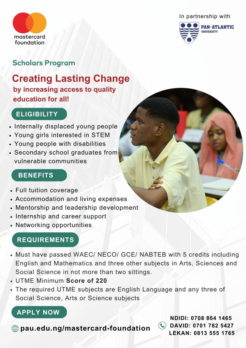 Mastercard Foundation &amp; Pan-Atlantic University have a scholarship open to students starting their undergraduate programs 

- Full tuition
- Accommodation &amp; living expenses
- Internship and career support

pau.edu.ng/mastercard-fou…