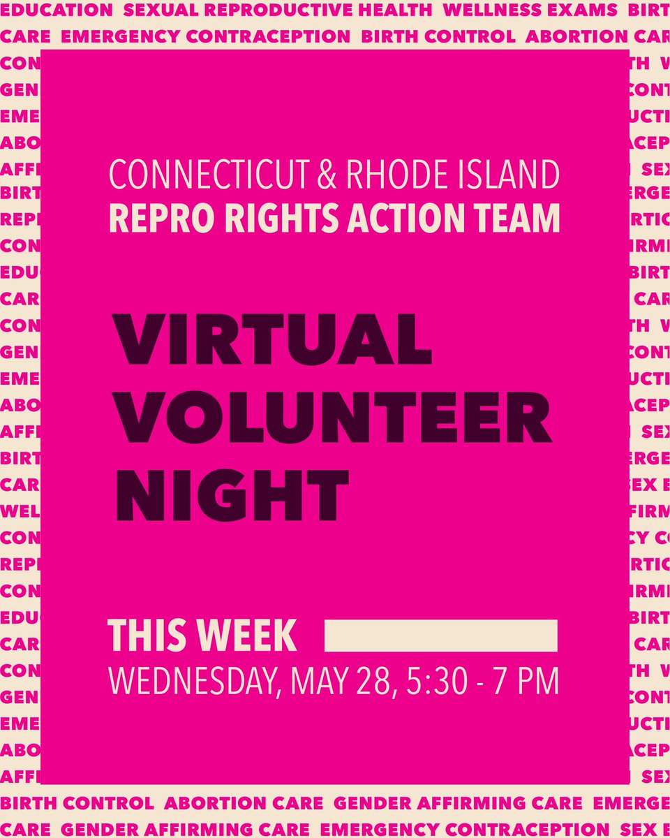At this team meeting, we will discuss the importance of public action, how to keep momentum consistent in our movement, and share updates about state and federal campaigns for reproductive rights.

5/28, 5:30 - 7 PM
Sign up: bit.ly/3Fdbr4X
#ReproRights #PlannedParenthood