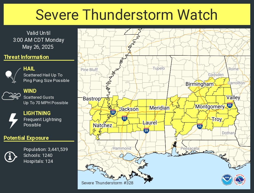 NWSBirmingham's tweet image. A severe thunderstorm watch has been issued for parts of Alabama, Louisiana and Mississippi until 3 AM CDT