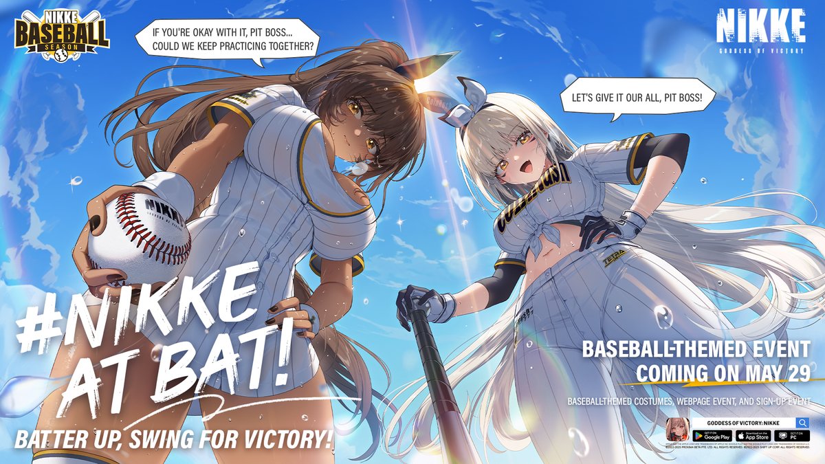 ⚾️ NIKKE Baseball-Themed Event Coming on May 29 ⚾️

#NIKKEATBAT #NIKKE

Batter up, swing for victory! 

Blanc and Noir baseball-themed costumes and new login event is coming soon~

📅 After 5/29 Version Update.

📢 Stay tuned for more details in our official update notice or