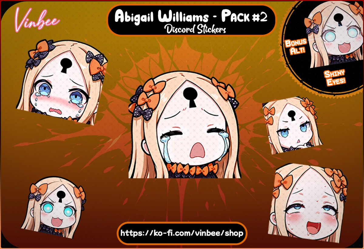 Vinbee_Alt's tweet image. 『ᴄᴏᴍᴍɪssɪᴏɴ - Aʙɪɢᴀɪʟ Wɪʟʟɪᴀᴍs Sᴛɪᴄᴋᴇʀs/Eᴍᴏᴛᴇs 2』
New bundle for you oomfies! Abigail’s super-chibi edition is here! 😭
Plus, prices are down—everything’s just 4.99€!
👉 ko-fi.com/s/e8c8851085
#FateGrandOrder #FGO️ #AbigailWilliams #アビゲイル・ウィリアムズ
