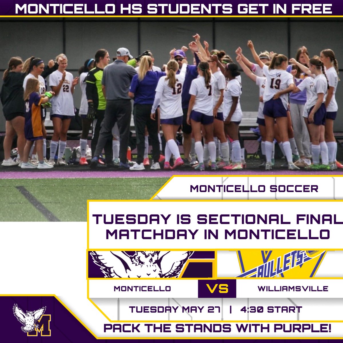 Mark your calendars for SECTIONAL FINAL MATCHDAY, TUESDAY IN MONTICELLO. 

Monticello HS students get in free if wearing purple and must sign up at main gate. 

Pregame introductions at 4:20, match at 4:30.