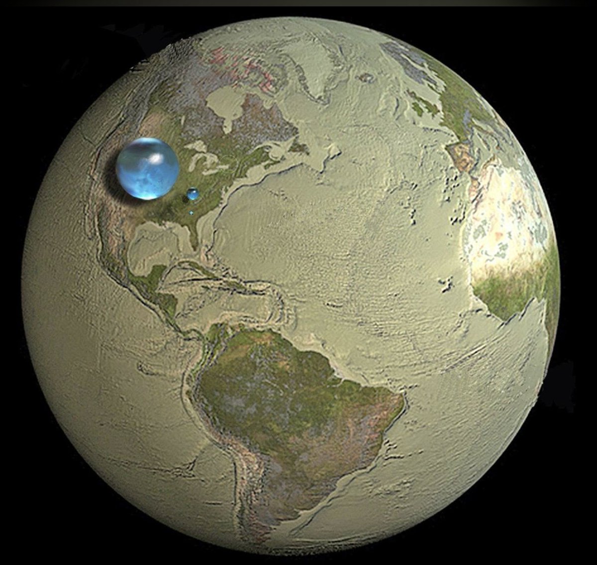 Jack Cook hizo una recreación detallada de la cantidad de agua total que hay en el planeta. La imagen ha causado controversia y preocupación, debido a la comparación del tamaño de la gota con el tamaño de la Tierra. 
La pequeña esfera de agua incluye a los océanos, casquetes de