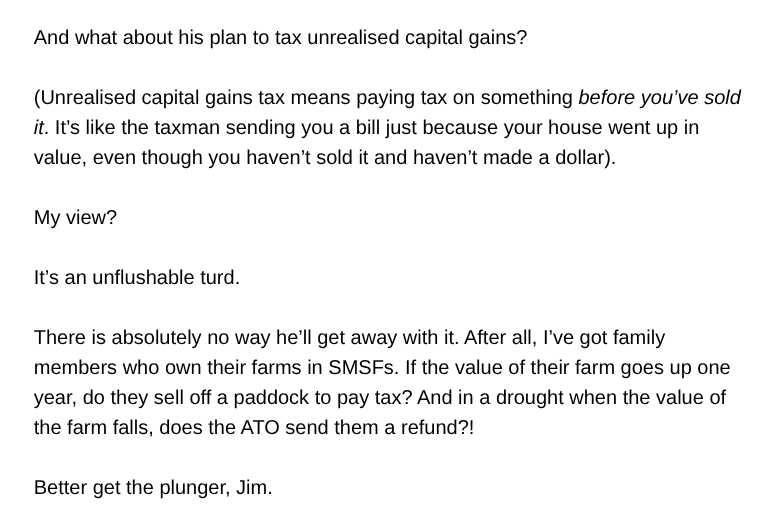 Scott Phillips (@tmfscottp) on Twitter photo Scott Pape not mucking around.
Just the latest voice added to a chorus of people who find the Treasurer's Super tax to be atrociously (my word, not his) poorly designed.
Come on <a href="/JEChalmers/">Jim Chalmers MP</a>, take the L, make a virtue of listening and changing your mind, and get on with it. Scott Pape not mucking around.
Just the latest voice added to a chorus of people who find the Treasurer's Super tax to be atrociously (my word, not his) poorly designed.
Come on <a href="/JEChalmers/">Jim Chalmers MP</a>, take the L, make a virtue of listening and changing your mind, and get on with it.