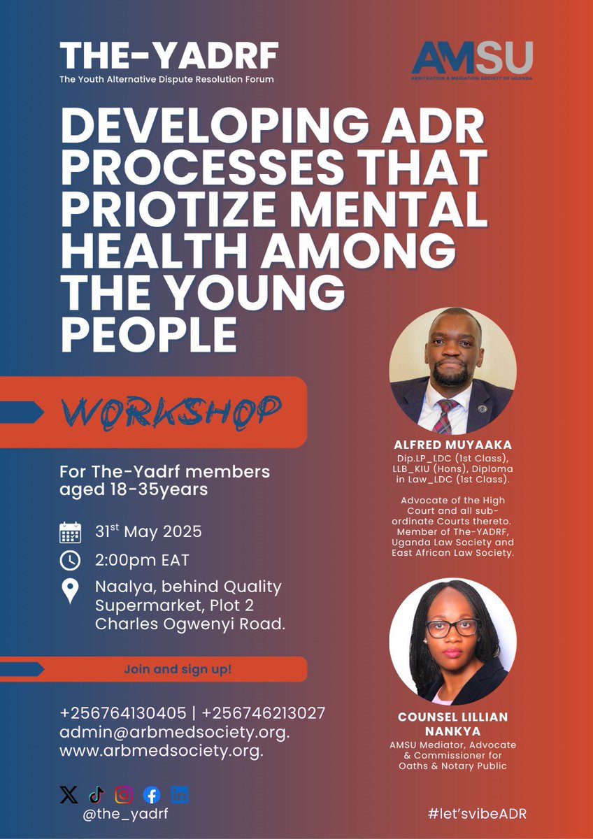 The_YADRF's tweet image. There are mental health risks in #AlternativeDisputeResolution that need urgent attention. Join us this Saturday as our member, @MuyaakaAlfred explores #ADR processes that prioritise the mental well-being of young people.  #LetsVibeADR

Register here: arbmedsociety.org/membership/yad…
