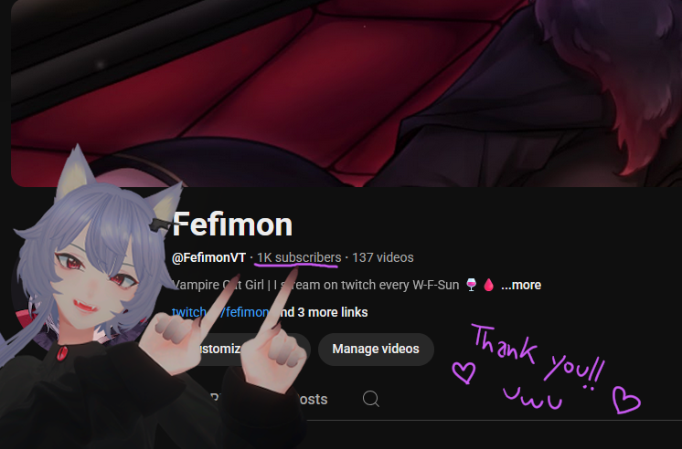 WOOOO We got to 1k Fefites on YouTube!! Thank you so so so much I'm happy! 🥺💜💜💜