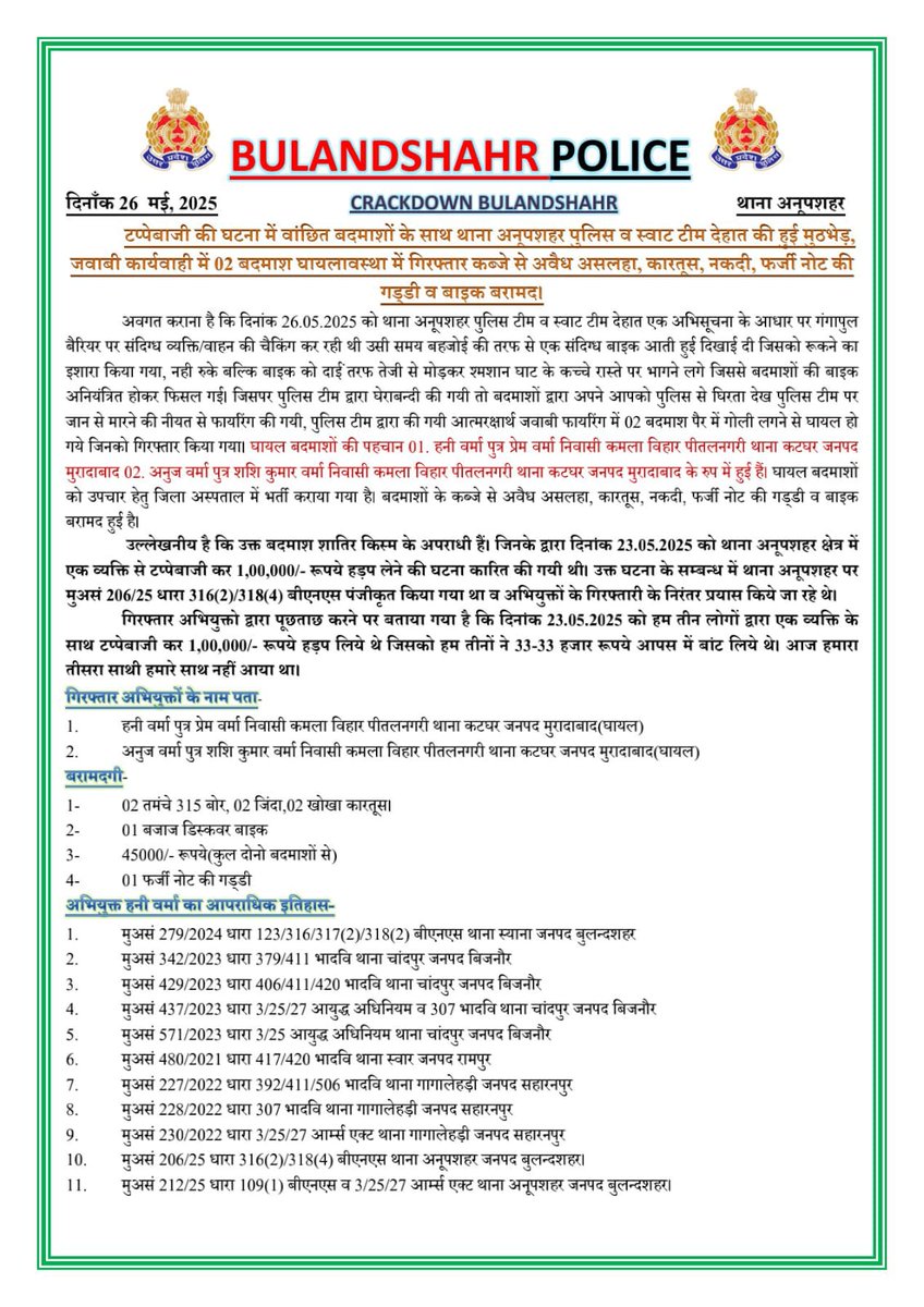 bulandshahrpol's tweet image. #CRACKDOWN BULANDSHAHR
टप्पेबाजी की घटना में वांछित बदमाशों के साथ थाना अनूपशहर पुलिस व स्वाट टीम देहात की हुई मुठभेड़, जवाबी कार्यवाही में 02 बदमाश घायलावस्था में गिरफ्तार कब्जे से अवैध असलहा, कारतूस, नकदी, फर्जी नोट की गड्डी व बाइक बरामद।  
#UPPolice 
#BulandshahrPolice