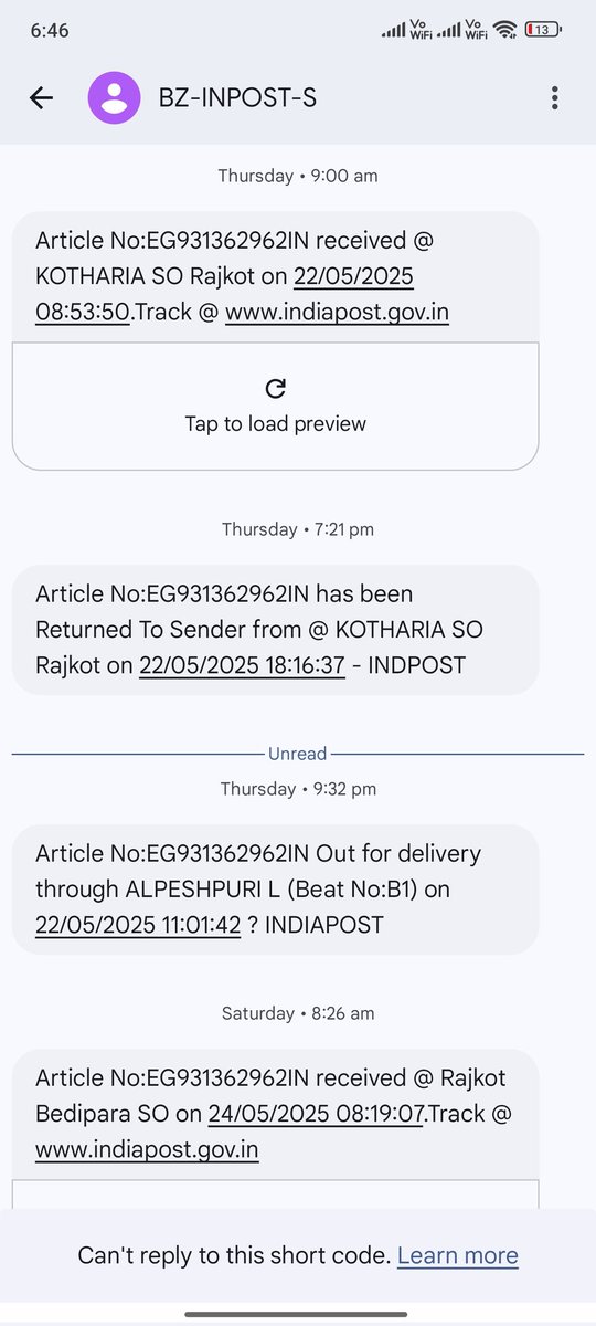 DipAhir13's tweet photo. My DL (EG931362962IN) was marked “No such person at address” without a single delivery attempt or call. The parcel got returned. Why such negligence for govt documents? No postman came! Now I must go to RTO. Totally unacceptable. Please look into it.
@IndiaPostOffice https://t.co/D9OrL1XZGZ