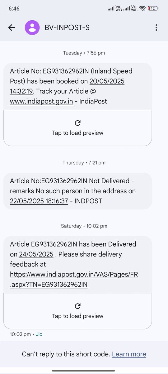 DipAhir13's tweet photo. My DL (EG931362962IN) was marked “No such person at address” without a single delivery attempt or call. The parcel got returned. Why such negligence for govt documents? No postman came! Now I must go to RTO. Totally unacceptable. Please look into it.
@IndiaPostOffice https://t.co/D9OrL1XZGZ