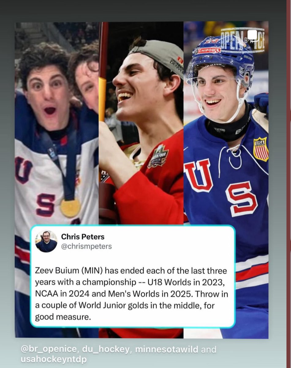 This is insane! The <a href="/mnwild/">Minnesota Wild</a>’s Zeev Buium won gold in both the World Juniors AND Men’s worlds in less than six months!! 🇺🇸🏒🇺🇸🏒🥇🥇