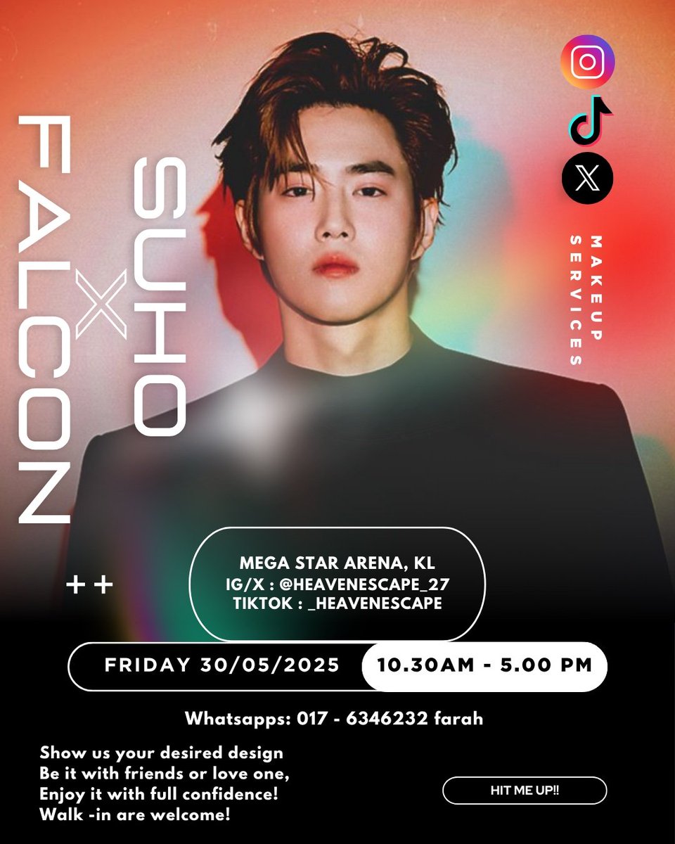 Calling all exo-L! <a href="/sayangJunmyeon/">#SUHOStarlitSanctuary ⭐️</a>
EYE/FULL-FACE MAKE UP SERVICE
Anyone who want to do *eye or full face makeup* can use my service!
Walk-in and booking are both welcome! 🤗 Hit me up on:-Whatsapp :wasap.my/60176346232/ma
#suhoxfalcon #SUHOinKL25 #SUHOinKL #SUHOStarlitSanctuary