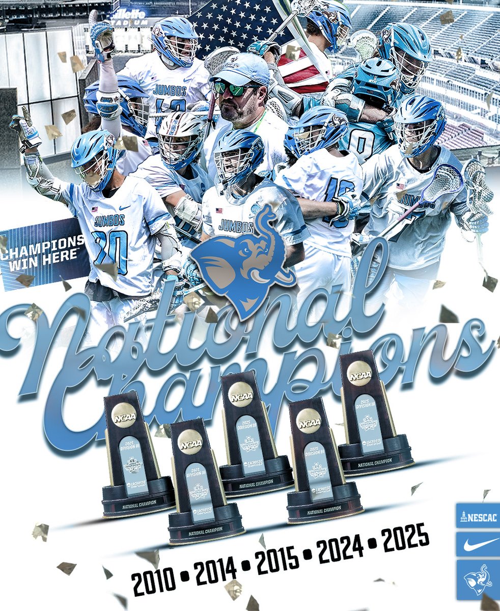 MLAX | CHAMPIONS ONCE AGAIN!!

Hard work pays off!! 

Your Jumbos are the 2025 NCAA Division III Men's Lacrosse National Champions!!! 

Back-to-back Champs!! 

Most Goals in NCAA Division III Championship History!!!
 
25-8 final!!

#GoJumbos // #JumboPride // #d3lax