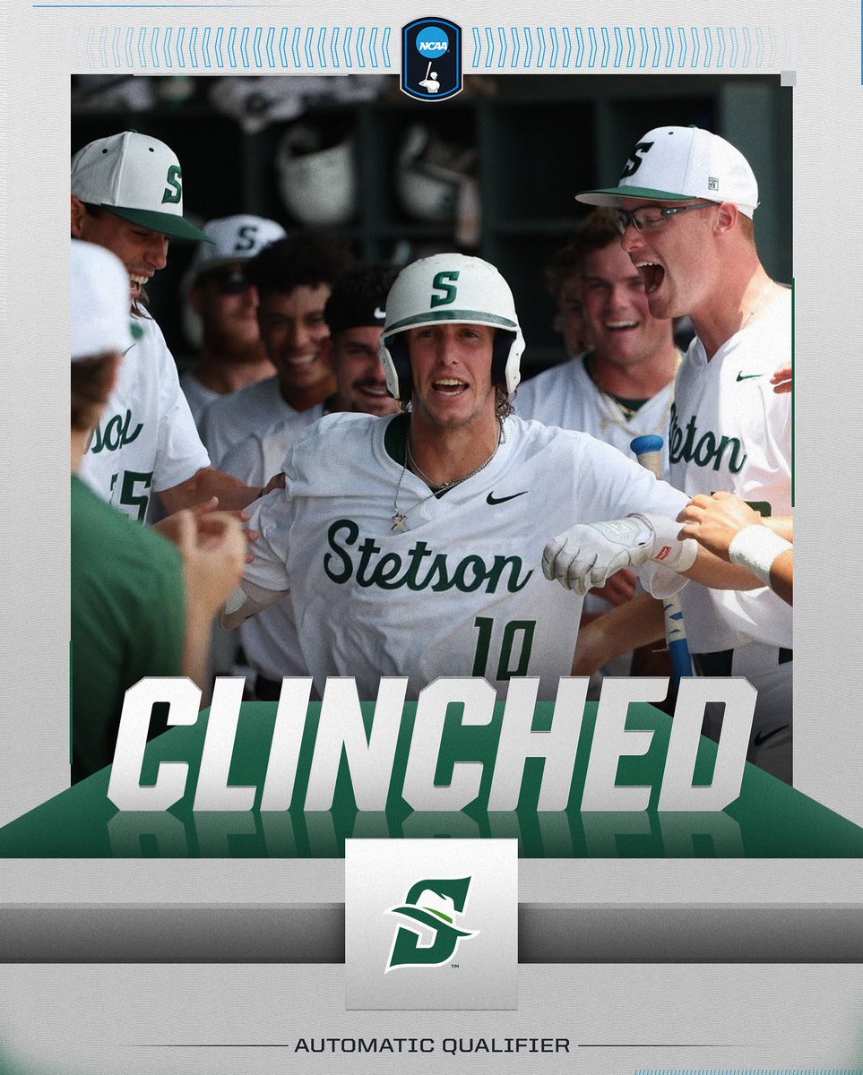 NCAABaseball's tweet image. 🤠 CLINCHED 🤠

With the @ASUNSports tournament having a rain delay, @StetsonBaseball secures the AQ in the #RoadToOmaha 

#NCAABaseball