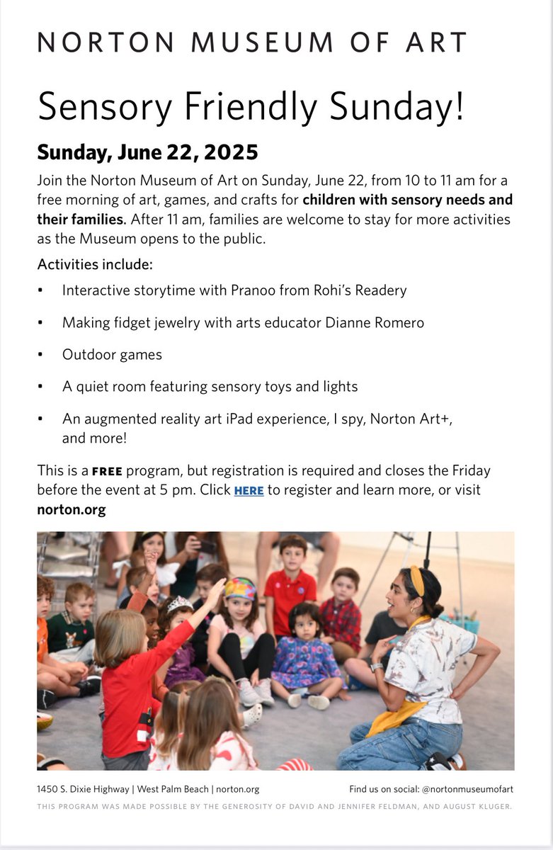 AutismFlorida's tweet image. Sharing a Sensory Friendly Sunday event! Join the Norton Museum of Art on Sunday, June 22, from 10 to 11 am for a free morning of art, games, and crafts for children with sensory needs and their families.