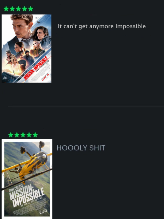 Just got out of Mission Impossible: The Final Reckoning, yeah this series is fucking peak dawg