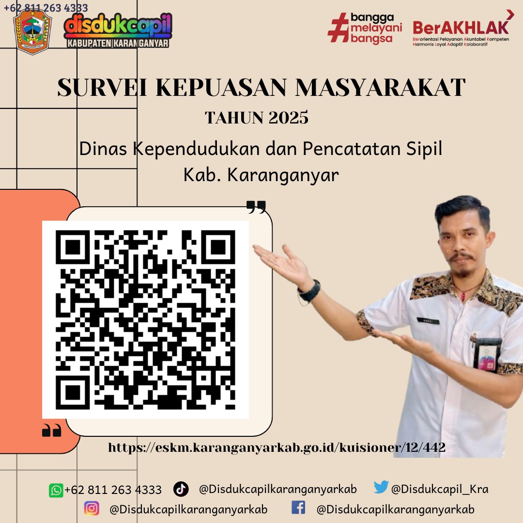 Sebagai unit penyelenggara pelayanan publik kami trs berupaya memberikan pelayanan prima kepada masyarakat, dalam hal ini kami menghimbau partisipasi dari masyarakat untuk memberikan penilaian terhadap pelayanan yg kami berikan dengan cara mengisi SKM dari Disdukcapil Karanganyar