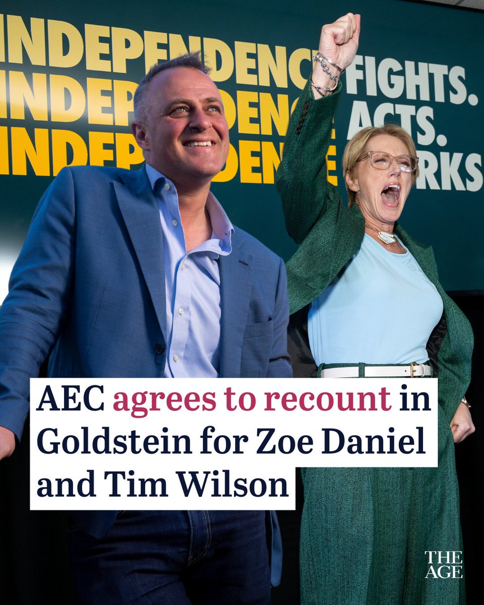 The Australian Electoral Commission will undertake a partial recount in Goldstein after a request made by teal independent Zoe Daniel.

theage.com.au/national/austr…