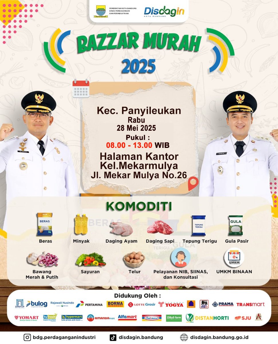 Sampurasun Wargi Kecamatan Panyileukan Kegiatan *Bazar Murah dan Pelayanan NIB Kecamatan Panyileukan akan dilaksanakan pada Hari Rabu Tanggal 28 Mei 2025 di Halaman Kantor Kelurahan Mekarmulya Jl. Mekarmulya 26* :
<a href="/ppidkotabandung/">Layanan Informasi dan Pengaduan Kota Bandung</a> 
<a href="/humasbandung_/">Humas Kota Bandung</a> 
<a href="/halo_bandung/">Prokopim Kota Bandung</a> 
<a href="/disdagin_bdg/">Disdagin Bandung | #BandungNuUrang209</a>