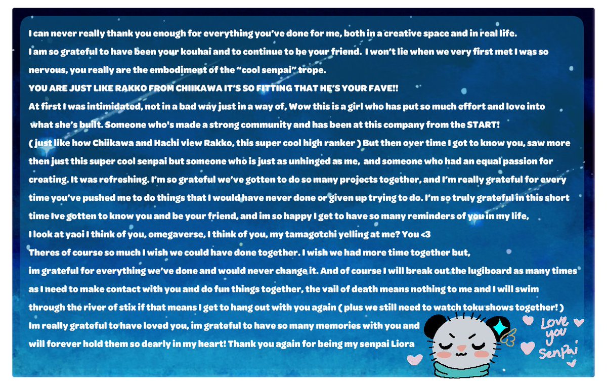 a love letter to my senpai &lt;3 
Thank you for everything Liora QwQ fly high over that rainbow bridge!!