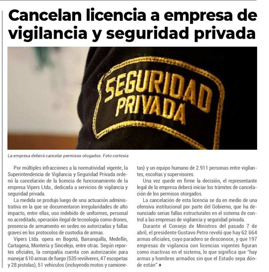 Supervigilancia (@supervigilancia) on Twitter photo El #PeriódicoVida de <a href="/infopresidencia/">Presidencia Colombia 🇨🇴</a> reseña la cancelación de licencia de funcionamiento a una empresa por parte de la Superintendencia de Vigilancia y Seguridad Privada debido al incumplimiento de la ley. Lea la nota completa aquí: presidencia.gov.co/prensa/Histori… El #PeriódicoVida de <a href="/infopresidencia/">Presidencia Colombia 🇨🇴</a> reseña la cancelación de licencia de funcionamiento a una empresa por parte de la Superintendencia de Vigilancia y Seguridad Privada debido al incumplimiento de la ley. Lea la nota completa aquí: presidencia.gov.co/prensa/Histori…