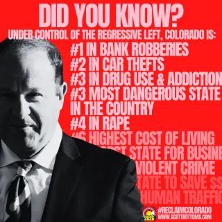 🚨Did you know? Under the influence of the regressive left, Colorado is facing serious challenges: #1 in bank robberies, #2 in car thefts, #3 in drug use &amp; addiction, and #3 most dangerous state in the country. We’re also #4 in rape, #6 in highest cost of living, worst state for