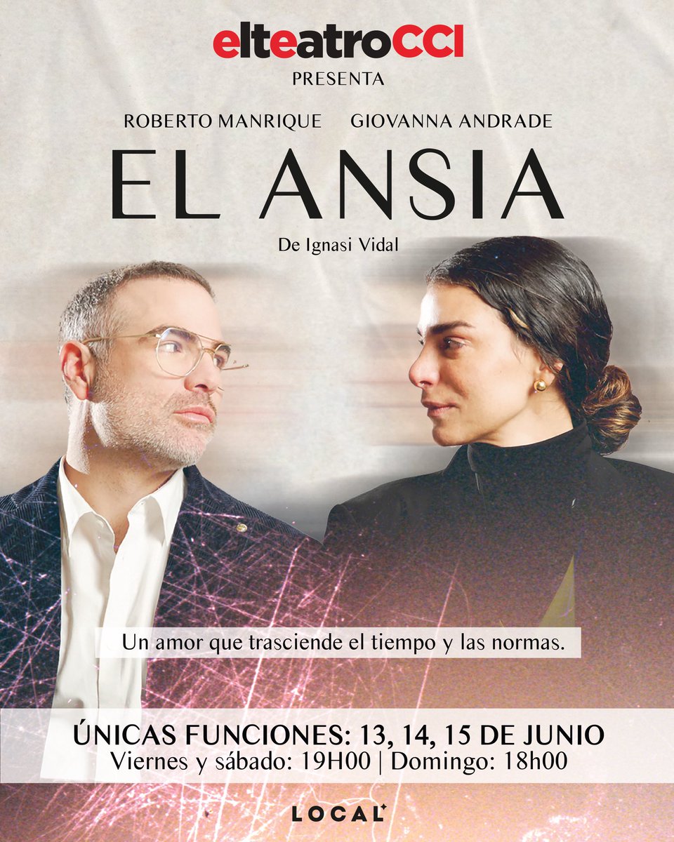 El Ansia 
Cuando el deseo rompe las reglas 🔥 

Protagonizada por <a href="/RobertoManrique/">Roberto Manrique</a> y <a href="/giovaandrade7/">Giovanna Andrade</a>, con la dirección de <a href="/IgnasiVidalCFO/">Ignasi Vidal FCO</a> 

📆 13, 14 y 15 de junio
📍 elteatro del <a href="/CCIQuito/">CCI-Centro Comercial Iñaquito</a> 
🎟️ elteatro.com.ec, 0995551854 y en las boleterías