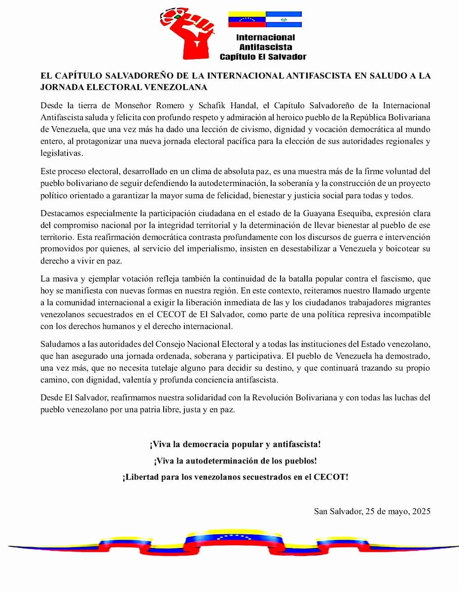 #ElSalvador La internacional antifascista capítulo El Salvador, saluda al pueblo y al gobierno de Venezuela por la ordenada y masiva jornada electoral celebrada hoy para elegir gobernadores y diputados a la asamblea nacional.
<a href="/teleSURtv/">teleSUR TV</a>