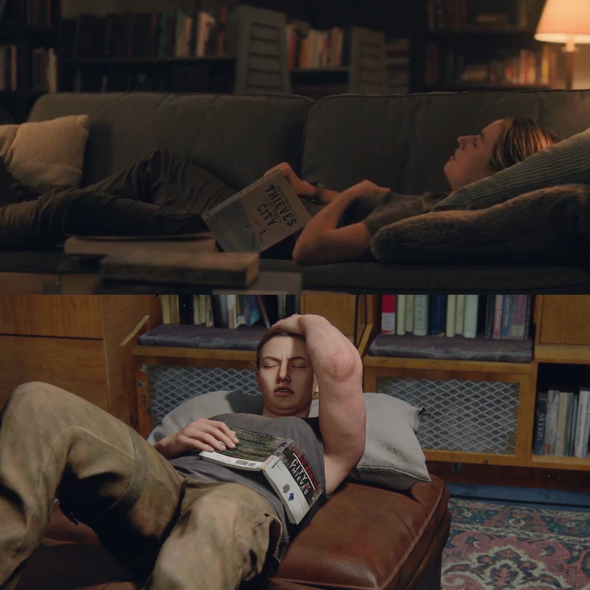 strangesapphics's tweet image. abby is reading the same book, "city of thieves" - details, i love details #thelastofus