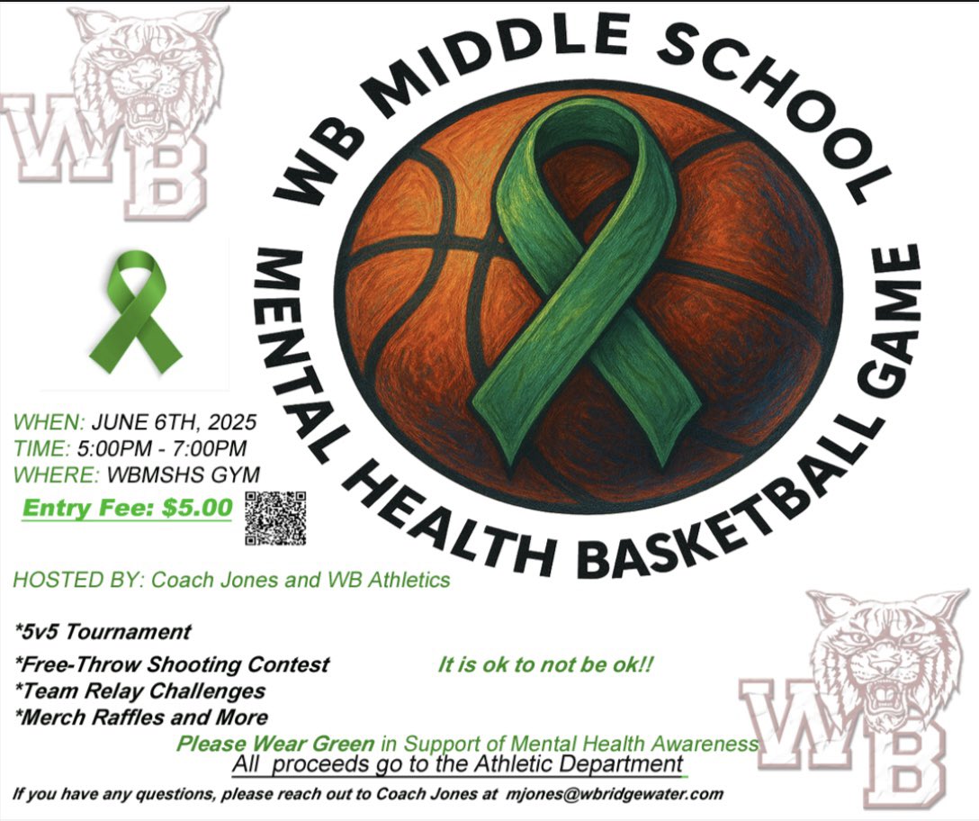 CoachMikeJ23's tweet photo. WB Middle Senior High is hosting it’s 2nd Mental Health Awareness Event. Come out and support the cause. Tickets are $5 and can be purchased through the QR code on the flyer or at the door. PLEASE WEAR GREEN IN SUPPORT OF MENTAL HEALTH AWARENESS. I hope to see you there. https://t.co/E4zSXeob92