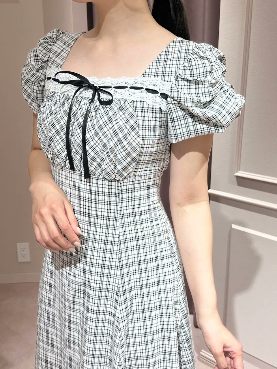 アンミール AnMILLE バストギャザーリボンOP ホワイトチェック バストギャザーリボンワンピース｜evelyn（エブリン）公式通販サイト