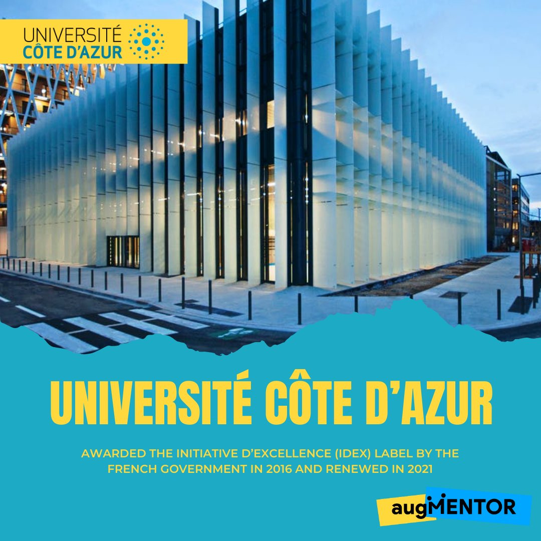 Welcome to Université Côte d'Azur, proudly awarded the Initiative d’Excellence (IdEx) label by the French government in 2016 and renewed in 2021.

🇪🇺 The University is also proud to participate in EU consortium projects like augMENTOR😊