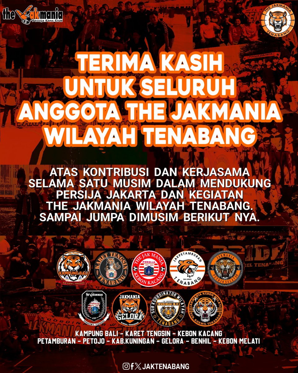 Terima kasih untuk seluruh Anggota the Jakmania Tenabang atas kontribusi dan kerjasamanya selama satu musim ini dalam mendukung Persija Jakarta dan kegiatan the Jakmania Tenabang.
Sampai jumpa di musim berikutnya.

PERSIJA SELAMANYA!

#Jakmaniatenabang
#PersijaSelamanya