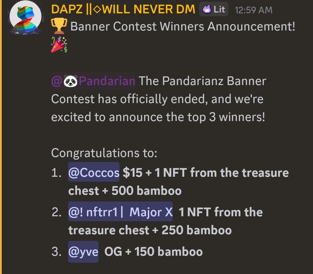 Nftrr1 | Major X (@nftrr1x) on Twitter photo Happy to announce that I won 2nd Place for <a href="/ThePandarianz/">The Pandarianz</a> Banner Contest.
The art is super dope you guys should check the sneak peaks in discord and X.
I'll be max minting in July. 🔥 Happy to announce that I won 2nd Place for <a href="/ThePandarianz/">The Pandarianz</a> Banner Contest.
The art is super dope you guys should check the sneak peaks in discord and X.
I'll be max minting in July. 🔥