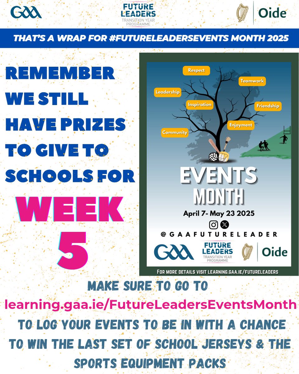 We will be announcing the Week 5 jersey and sports equipment pack winners on Wednesday 28th May. 
Make sure to log your events at learning.gaa.ie/FutureLeadersE…