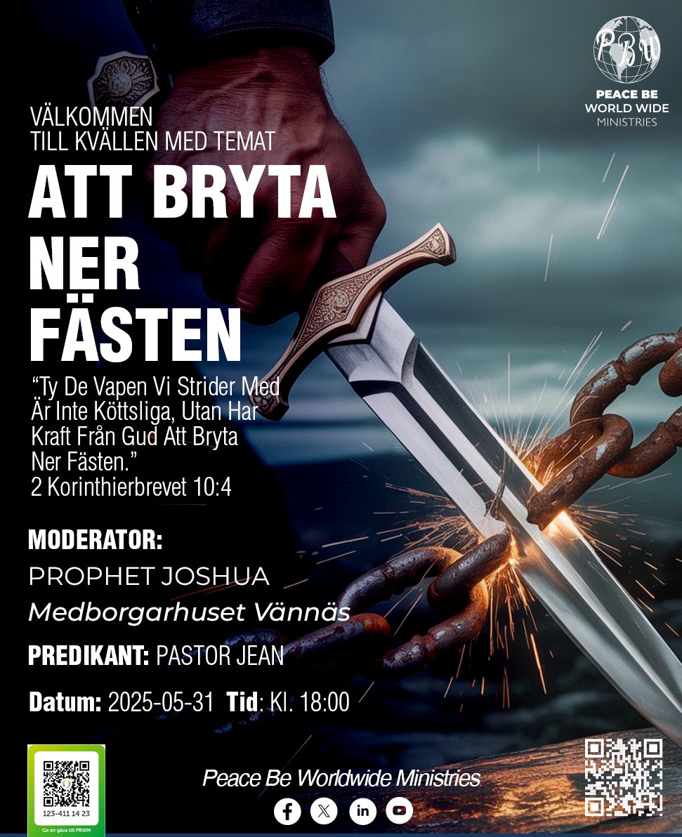 worldwide19363's tweet photo. REMINDER!
Join us for “Pulling Down the Strong Holds” 🔥 Event Prayer
🗓 31 May 2025 | 🕕 6:00 PM
📍 Medborgarhuset Vännäs
"The weapons of our warfare are mighty..." – 2 Cor. 10:4
Hosted by Peace Be Worldwide Ministries 🌍
#StrongholdsDown #PBWMinistries #FaithEvent #Vännäs https://t.co/vRWpXlV4cC