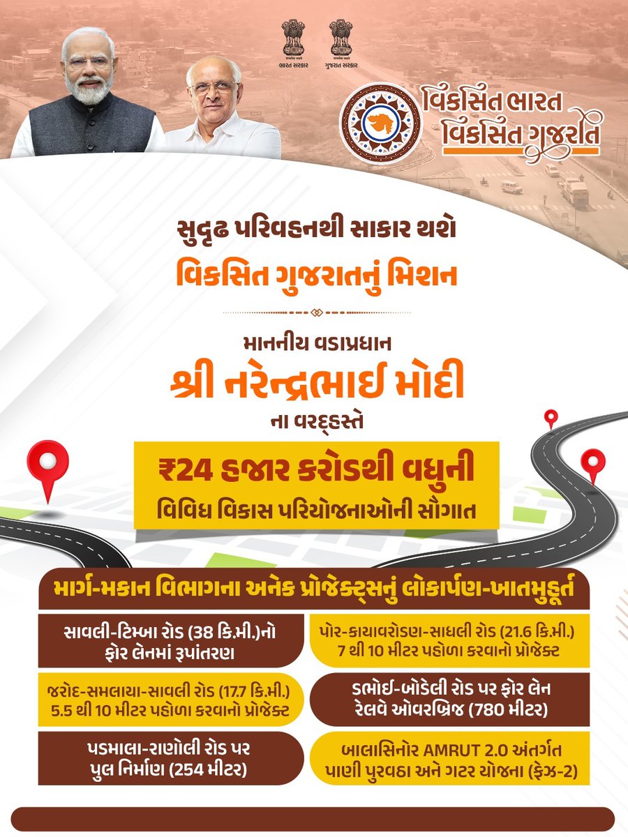 Collector & DM Office Vadodara (@collectorvad) on Twitter photo વડાપ્રધાન શ્રી <a href="/narendramodi/">Narendra Modi</a> જી દ્વારા સાવલી-ટીંબા રોડનું ફોર લેનમાં રુપાંતરણ, કાયાવરોહણ-સાધલી, જરોદ-સમલાયા રોડ વિસ્તૃતીકરણ, ડભોઈ-બોડેલી રેલવે ઓવરબ્રિજ અને પડમાલા-રાણોલી બ્રિજનું ખાતમુહૂર્ત
જેનાથી મધ્ય ગુજરાતમાં કનેક્ટિવિટીને મળશે મજબૂતી
#ViksitBharatViksitGujarat વડાપ્રધાન શ્રી <a href="/narendramodi/">Narendra Modi</a> જી દ્વારા સાવલી-ટીંબા રોડનું ફોર લેનમાં રુપાંતરણ, કાયાવરોહણ-સાધલી, જરોદ-સમલાયા રોડ વિસ્તૃતીકરણ, ડભોઈ-બોડેલી રેલવે ઓવરબ્રિજ અને પડમાલા-રાણોલી બ્રિજનું ખાતમુહૂર્ત
જેનાથી મધ્ય ગુજરાતમાં કનેક્ટિવિટીને મળશે મજબૂતી
#ViksitBharatViksitGujarat