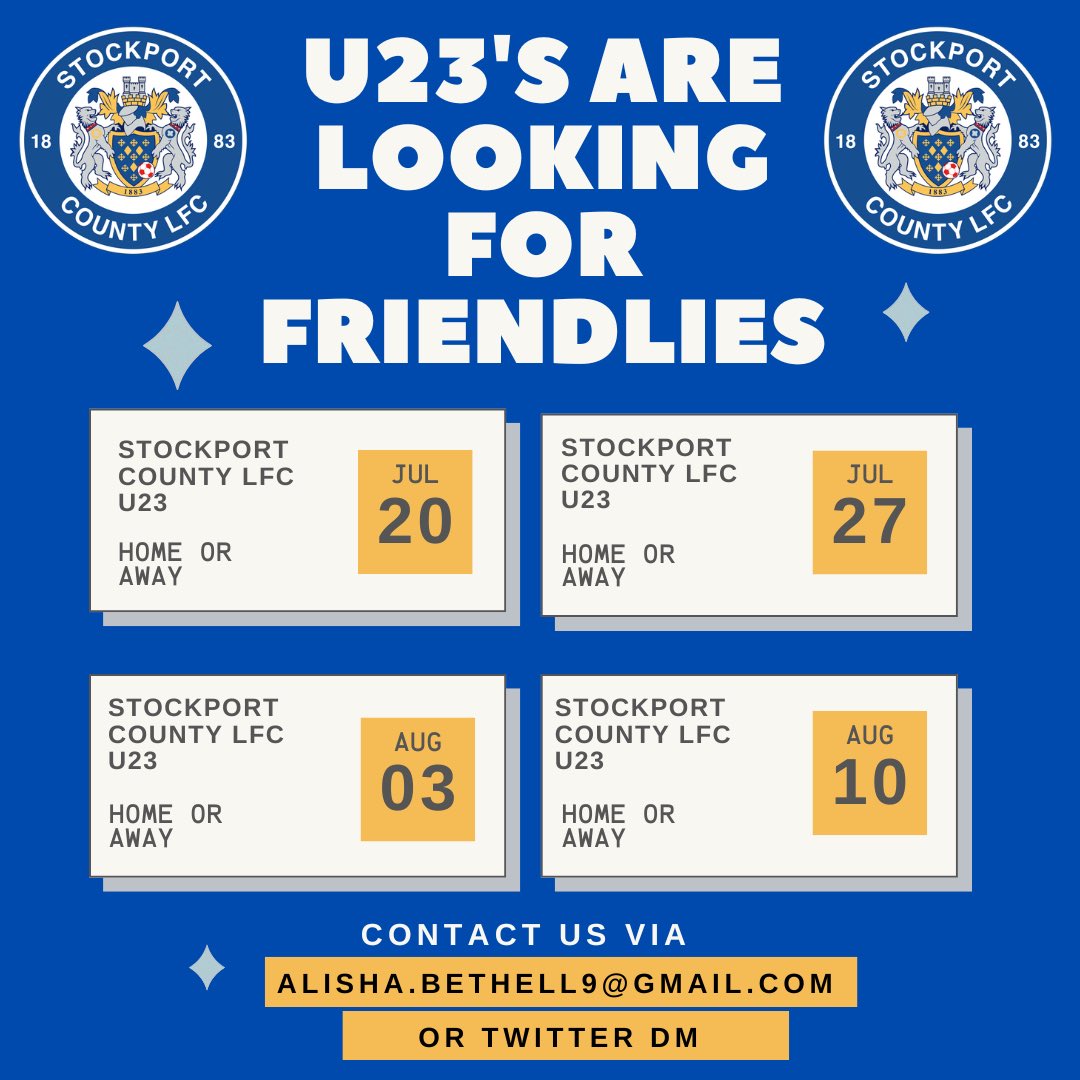 Alisha Bethell (@alishaleaxx) on Twitter photo 🎩 WE ARE LOOKING FOR FRIENDLIES🎩
Stockport County Ladies U23s are looking for pre-season friendlies on the following dates👇🏼📅 Happy to play Home or Away ⚽️
Please email me or drop me a DM
<a href="/TalkingWoSo/">Talking WoSo</a> <a href="/NorthWomens/">North West Womens Football</a> <a href="/SCLadiesFC/">Stockport (C)ounty Ladies FC</a> 🎩 WE ARE LOOKING FOR FRIENDLIES🎩
Stockport County Ladies U23s are looking for pre-season friendlies on the following dates👇🏼📅 Happy to play Home or Away ⚽️
Please email me or drop me a DM
<a href="/TalkingWoSo/">Talking WoSo</a> <a href="/NorthWomens/">North West Womens Football</a> <a href="/SCLadiesFC/">Stockport (C)ounty Ladies FC</a>