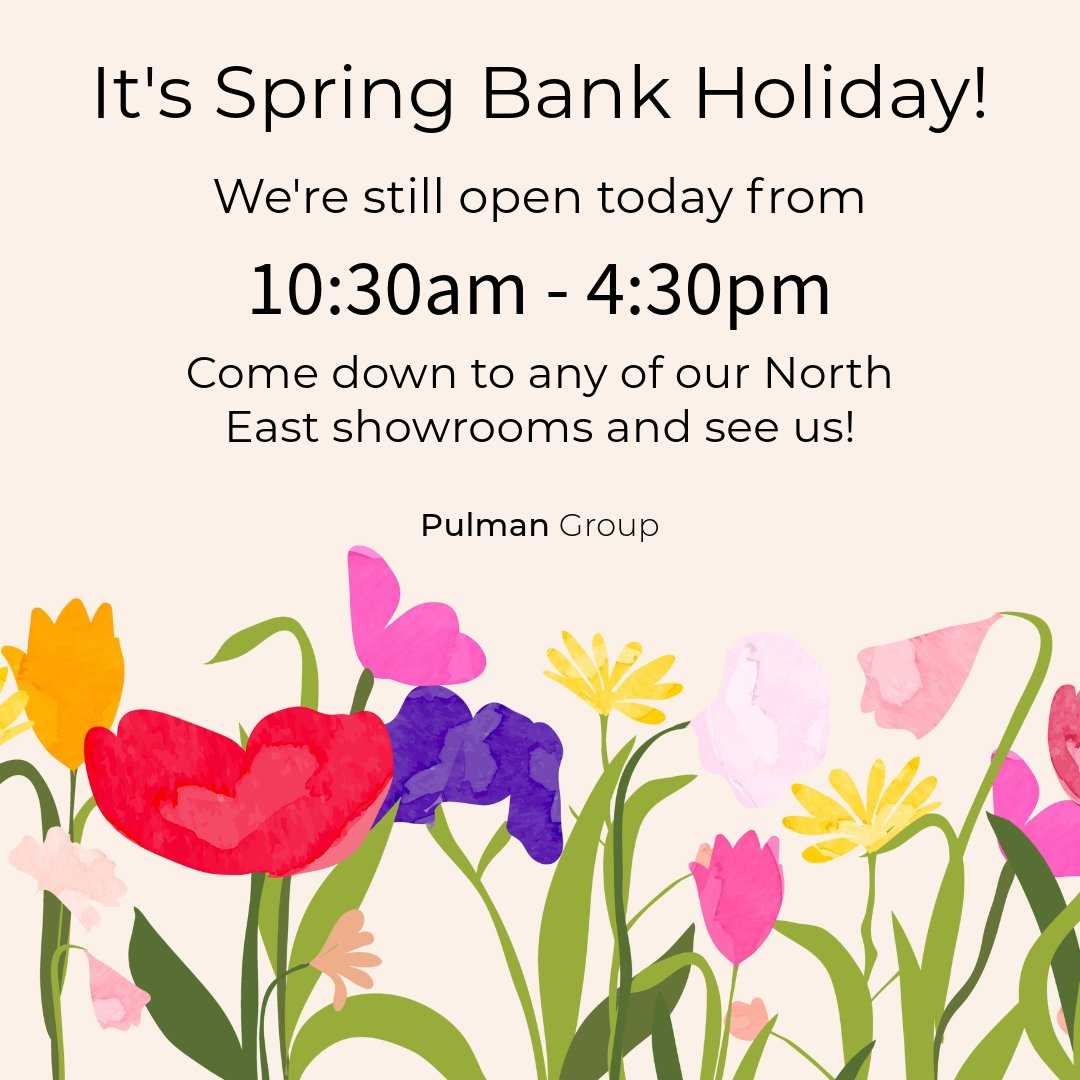 PulmanGroup's tweet image. We're still open! 🌸 🌱

It may be Spring Bank Holiday but we're open today across all our North East showrooms in Sunderland, Durham and Cramlington between 10:30am and 4:30pm.

Come down and see us! 

#springbankholiday #openinghours #thatspulman