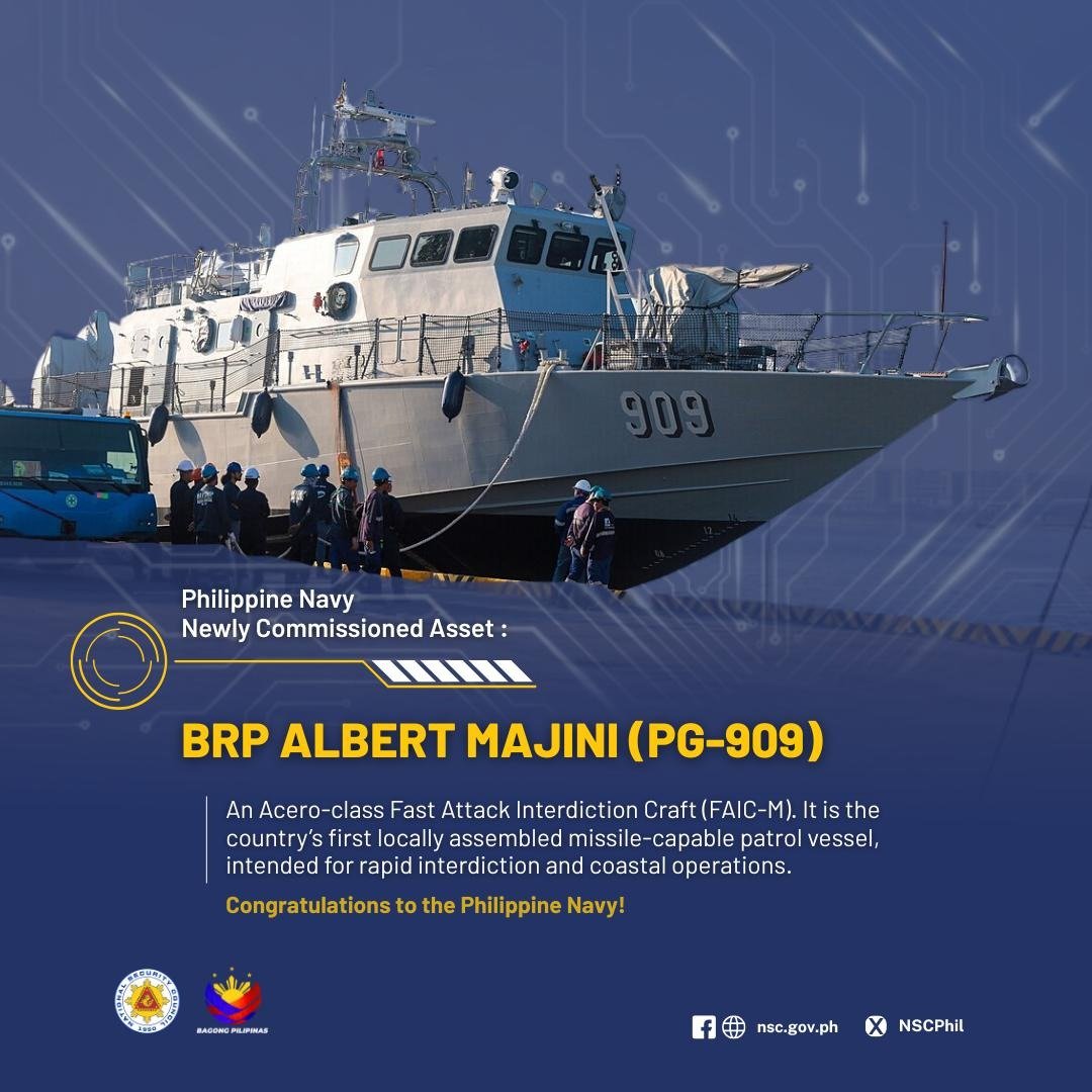 National Security Council (@nscphil) on Twitter photo The NSC congratulates the <a href="/Philippine_Navy/">Philippine Navy</a> on the commissioning of the new naval assets, affirming that they significantly boost capability to address both emerging maritime threatsโreinforcing its critical role in safeguarding national security and promoting regional stability The NSC congratulates the <a href="/Philippine_Navy/">Philippine Navy</a> on the commissioning of the new naval assets, affirming that they significantly boost capability to address both emerging maritime threatsโreinforcing its critical role in safeguarding national security and promoting regional stability