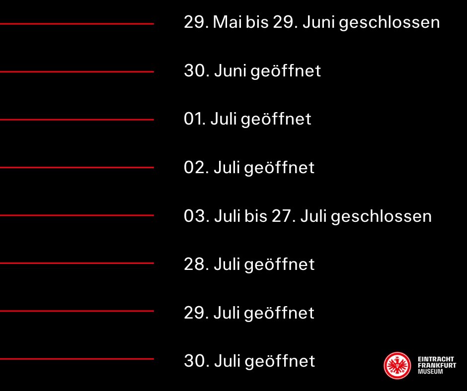 ℹ️Unsere Schließzeiten während der Sommerpauseℹ️

Achtung❗️Die Schließzeiten können abweichen. Schaut vor eurem Besuch bitte nochmal auf unserer Homepage nach, ob sich etwas geändert hat. 🤝

#EFMuseum #SGE #Museum #Stadionsommer