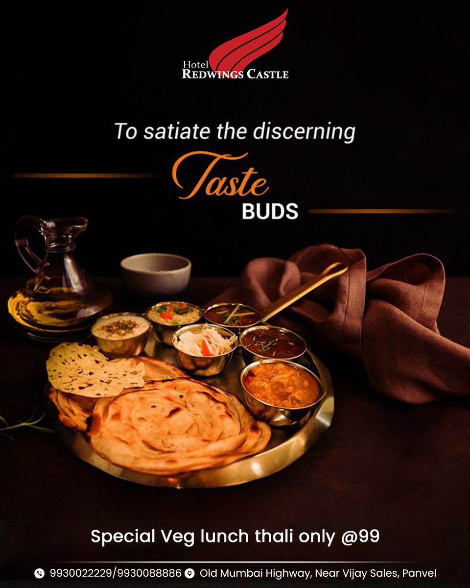 RedwingsHotel's tweet photo. 🍽️ Thali That Speaks to Your Soul!
Pure vegetarian indulgence at just ₹99!
Flavors of India served with love, only at Redwings Castle, Panvel.
Don’t just eat — experience taste that lingers.
📞 9930022229 / 9930088886
#RedwingsCastle #PanvelEats #LuxuryDining #FoodieDestinations https://t.co/j2G38kCa16