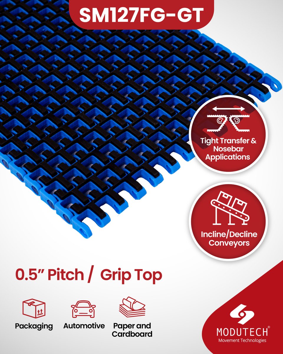 modutechtr's tweet image. SM127FG-GT ensures smooth, gentle transitions, which reduces the risk of product damage.

High-grip rubber top surface for inclines-declines or acceleration applications.

#Modutech #ModularBelt #SM127FG-GT