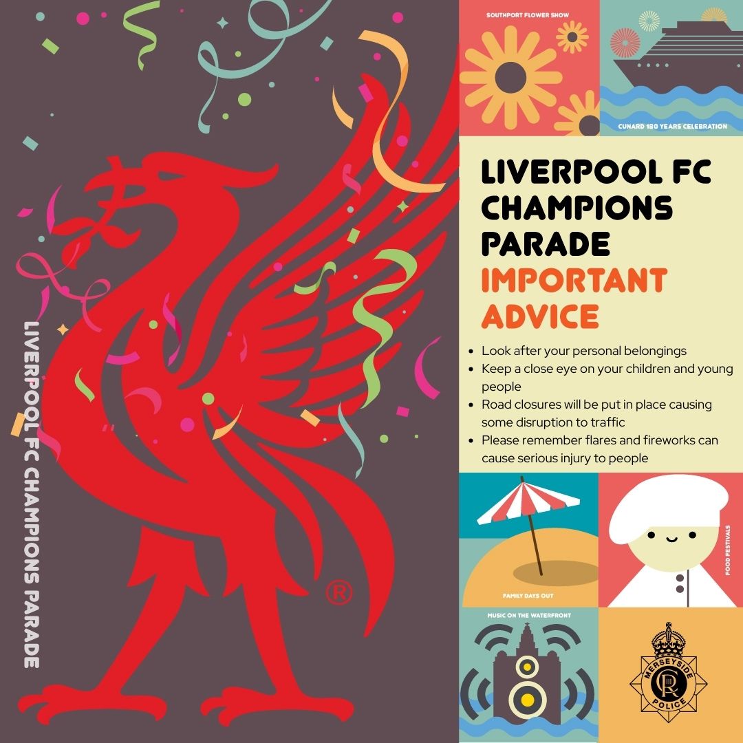 Merseyside Police (@merseypolice) on Twitter photo #MerseyShine | Today the <a href="/LFC/">Liverpool FC</a> Victory Parade will take place! 🏆
If you are attending the event, please see some safety advice below 🔽
For more information, you can visit the <a href="/VisitLiverpool/">VisitLiverpool</a> website here: orlo.uk/xr5pT #MerseyShine | Today the <a href="/LFC/">Liverpool FC</a> Victory Parade will take place! 🏆
If you are attending the event, please see some safety advice below 🔽
For more information, you can visit the <a href="/VisitLiverpool/">VisitLiverpool</a> website here: orlo.uk/xr5pT