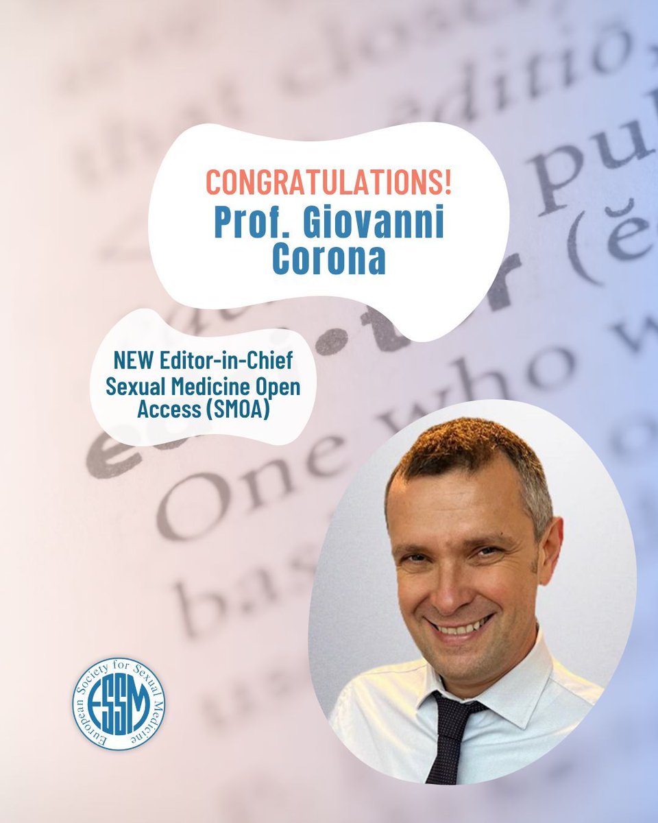 European Society for Sexual Medicine (ESSM) (@essm_tweets) on Twitter photo Congrats to Prof. Giovanni Corona! 👏 ESSM’s past president has been named Editor-in-Chief of Sexual Medicine Open Access, starting Oct 1, 2025. Join us in congratulating him on this well-deserved recognition!
#sexualmedicine #SMOA #ISSM <a href="/sexmedjournals/">ISSM Sexual Medicine Journals (ISMJ)</a> <a href="/ISSM_INFO/">ISSM</a> <a href="/jovcorona/">Giovanni Corona</a> Congrats to Prof. Giovanni Corona! 👏 ESSM’s past president has been named Editor-in-Chief of Sexual Medicine Open Access, starting Oct 1, 2025. Join us in congratulating him on this well-deserved recognition!
#sexualmedicine #SMOA #ISSM <a href="/sexmedjournals/">ISSM Sexual Medicine Journals (ISMJ)</a> <a href="/ISSM_INFO/">ISSM</a> <a href="/jovcorona/">Giovanni Corona</a>