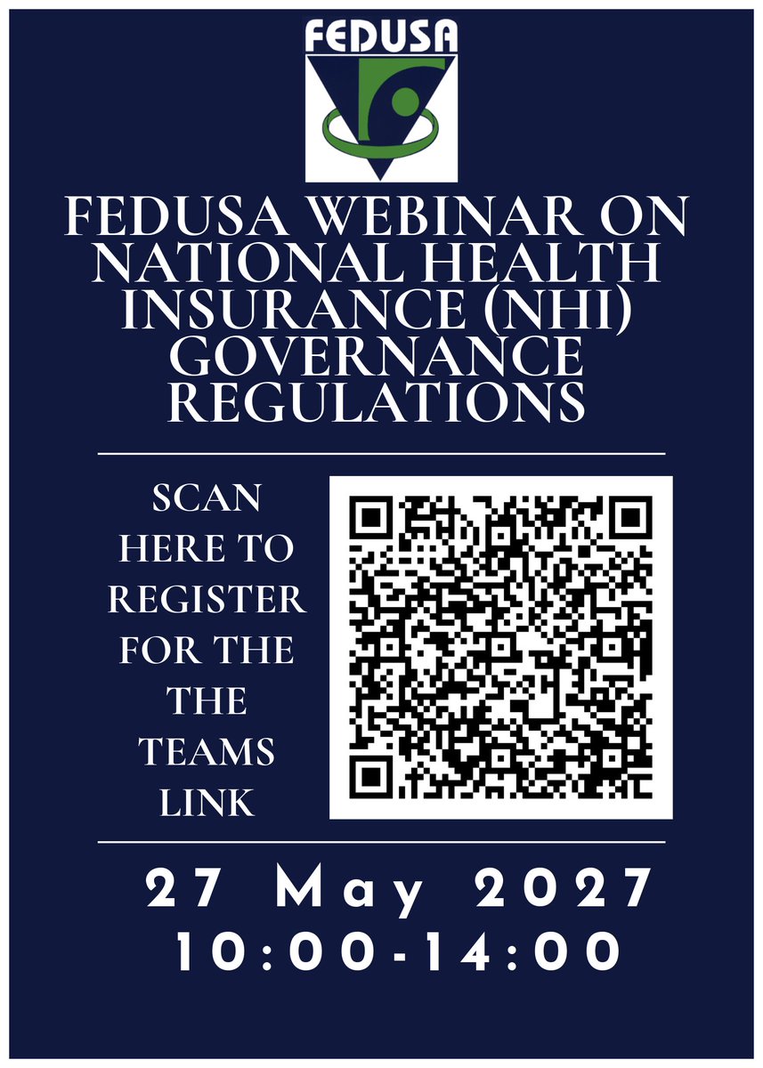 Join FEDUSA’s Webinar on National Health Insurance (NHI) Governance Regulations on 27 May 2025 from 10h00–14h00 via MS Teams. The session will explore draft NHI Fund regulations, governance models, global insights, and policy developments, including progress on Social Dialogue
