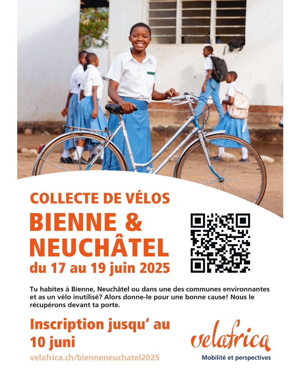 🚲 Avancer ensemble à l'aide de vélos 🌍

Velafrica prévoit maintenant une action de collecte de vélos à #Bienne du 17 au 19 juin 2025. La population peut faire don de vélos hors d'usage - et ce en toute simplicité : après s'être inscrite via un formulaire en ligne d’ici au 10